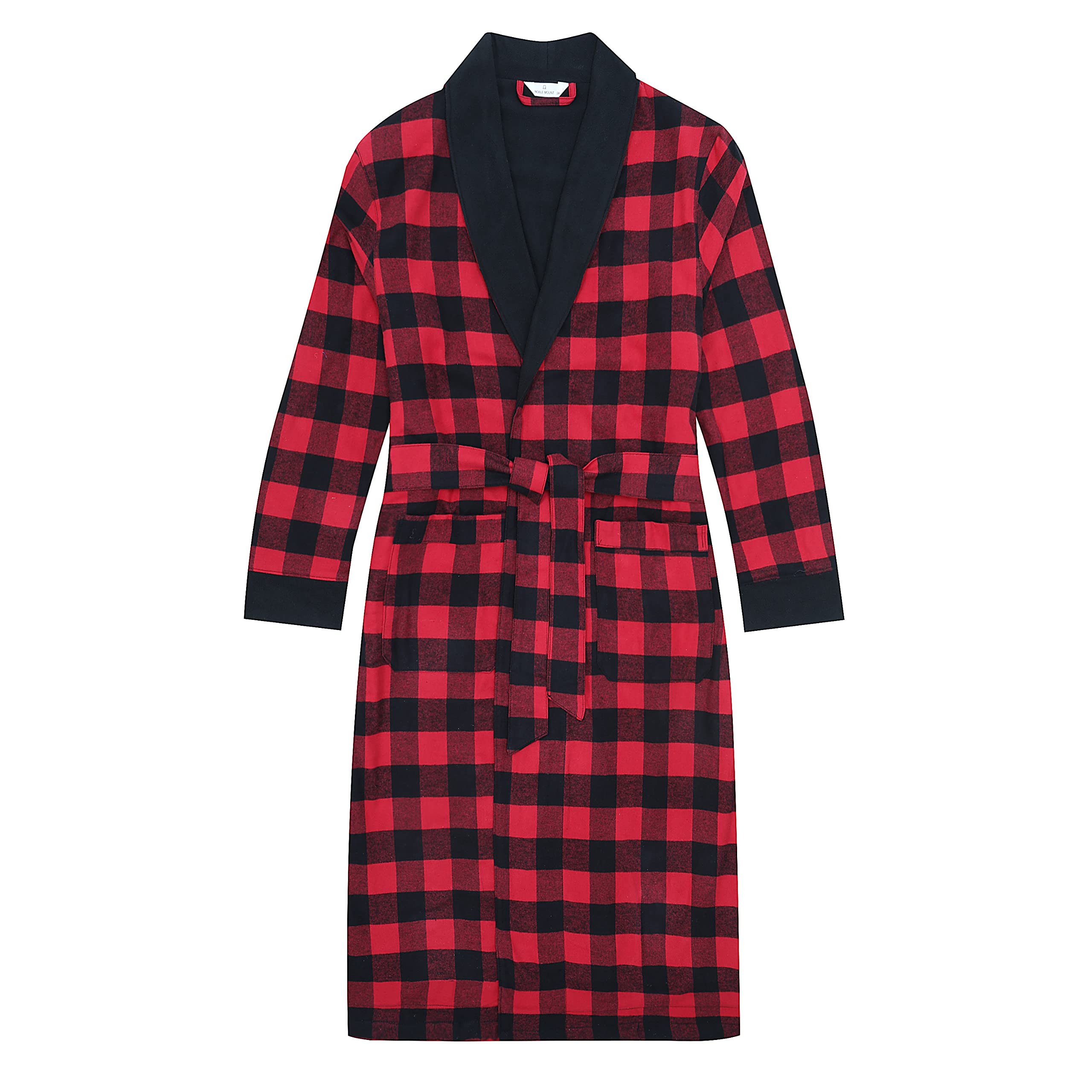 Mens Premium 100% Cotton Flannel Fleece Lined Robe - Buffalo Plaid Red-Black