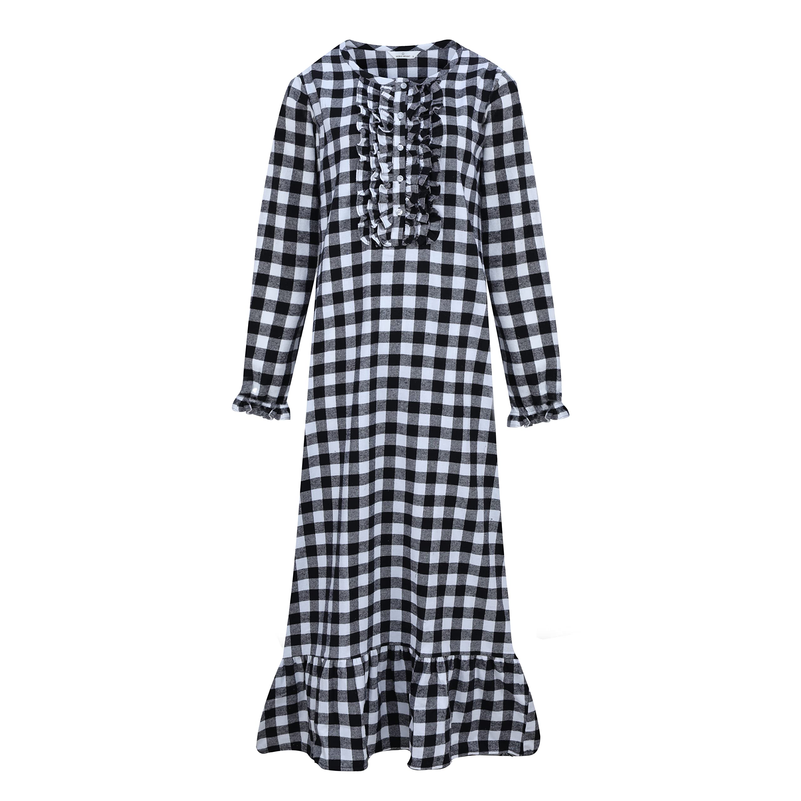 Women's Premium Flannel Long Gown - Gingham Black-White