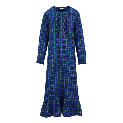 Women's Premium Flannel Long Gown - Blue Green Scotch Plaid