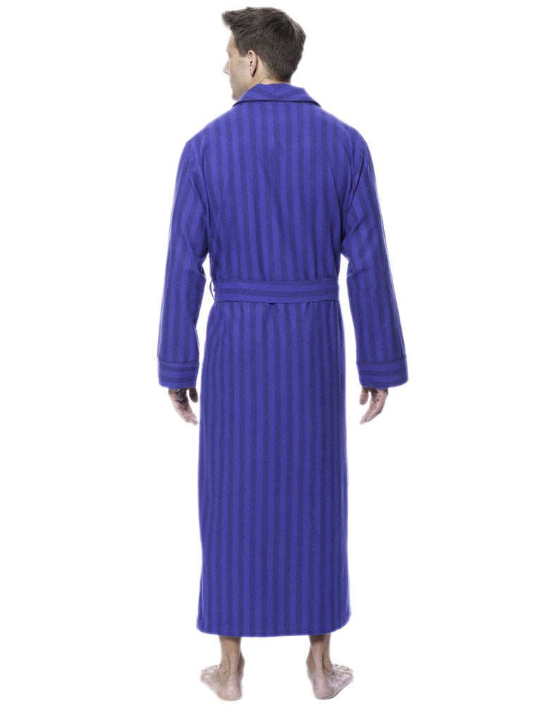 Mens Robe - 100% Cotton Flannel Robe - Stripes Tonal Blue
