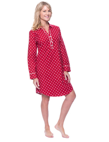 Noble Mount Womens Premium 100% Cotton Flannel Long Sleeve Sleep Shirt - Dots Diva Red
