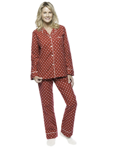 Womens Premium Cotton Flannel Pajama Sleepwear Set - Dots Diva Red