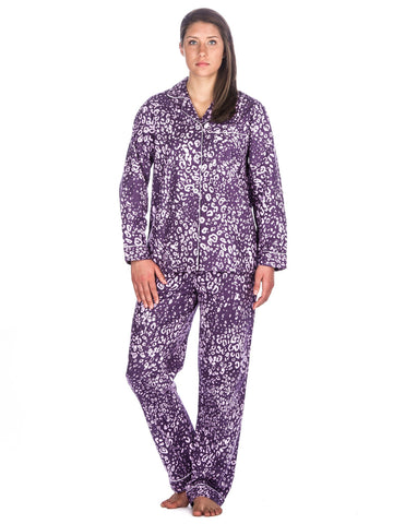 Realxed Fit Womens 100% Cotton Flannel Pajama Sleepwear Set - Leopard Purple
