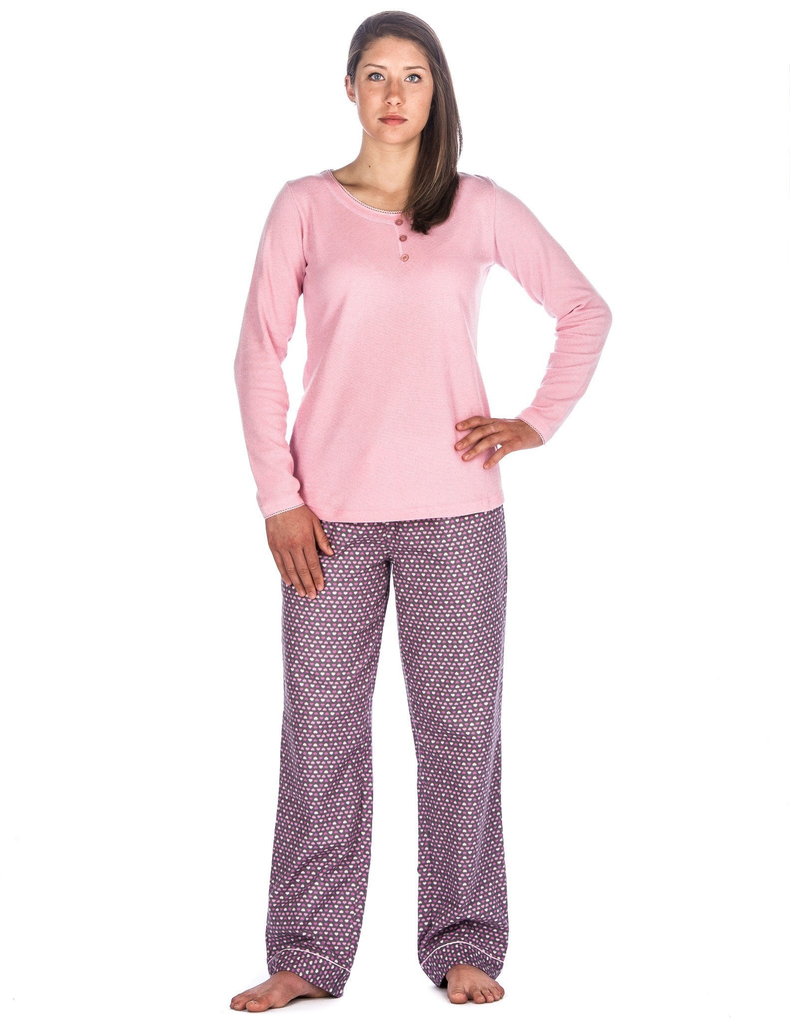 Relaxed Fit Womens Cotton Flannel Lounge Set with Crew Neck Top - Hearts Pink
