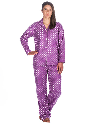 Realxed Fit Womens 100% Cotton Flannel Pajama Sleepwear Set - Polka Circles Purple