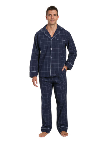 Mens 100% Cotton Flannel Pajama Set - Windowpane Checks - Navy