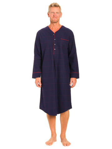 Mens 100% Cotton Flannel Nightshirt - Windowpane Checks Blue/Red