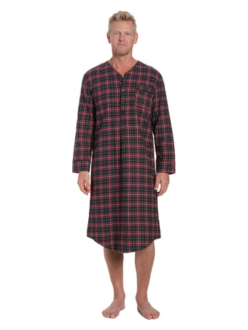 Mens 100% Cotton Flannel Nightshirt - Burgundy/Grey