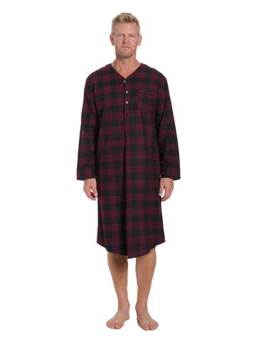 Mens 100% Cotton Flannel Nightshirt - Gingham Fig/Black