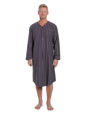 Mens 100% Cotton Flannel Nightshirt - Stripes Black/Grey