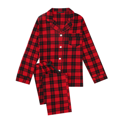2Pc Lightweight Flannel Womens Pajama Sets - Red-Black Tartan Plaid