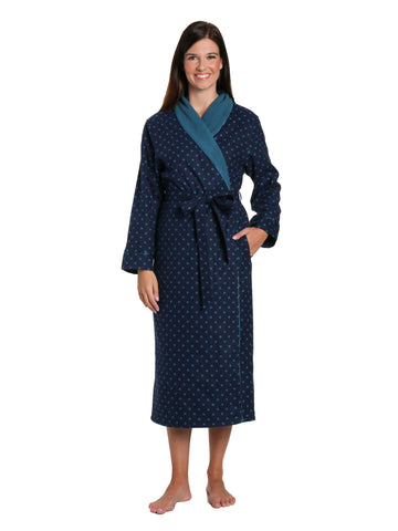 Women's Premium Flannel Fleece Lined Robe - Dots Diva Blues