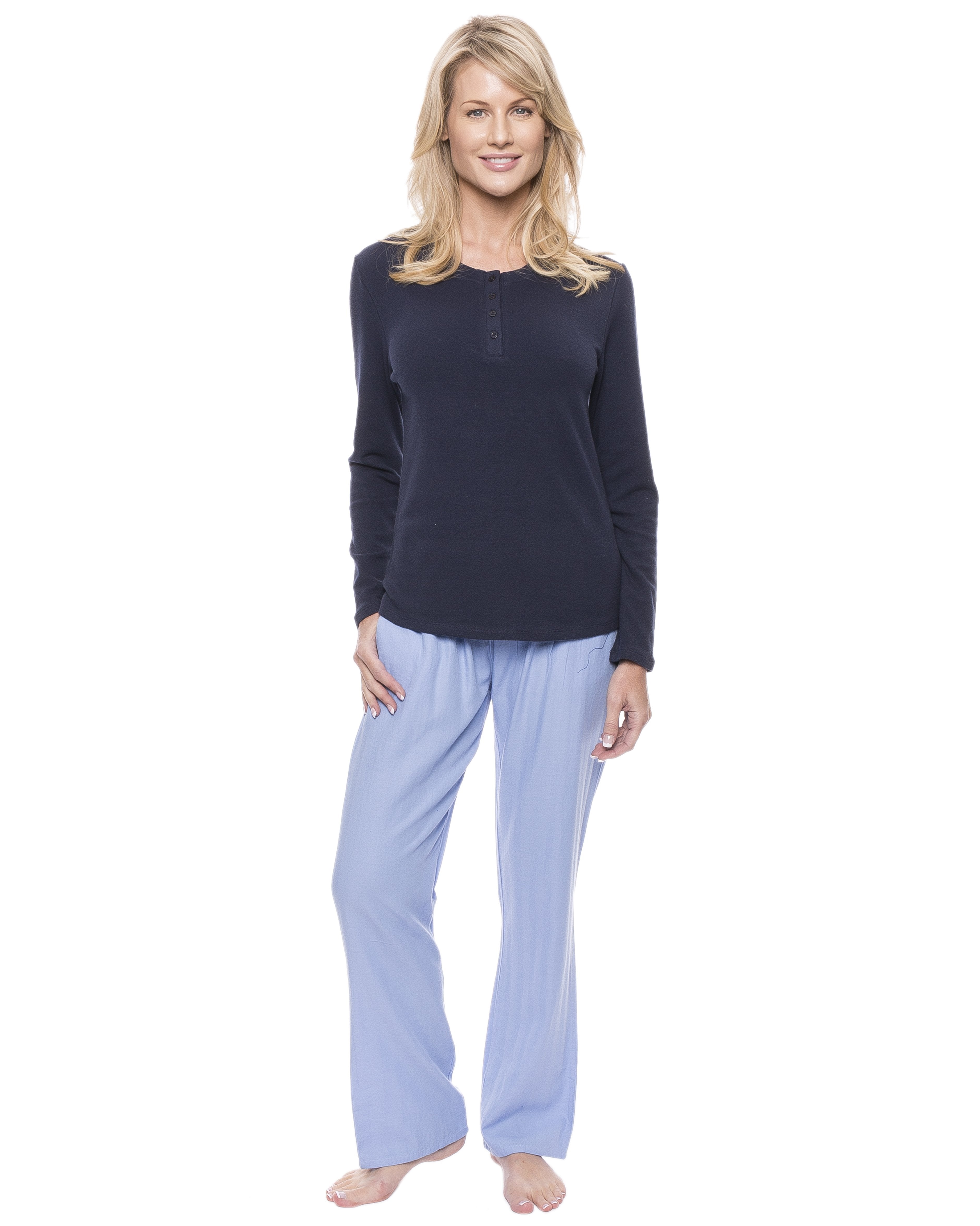 Womens Cotton Flannel Lounge Set with Henley Top - Herringbone Chambray Blue