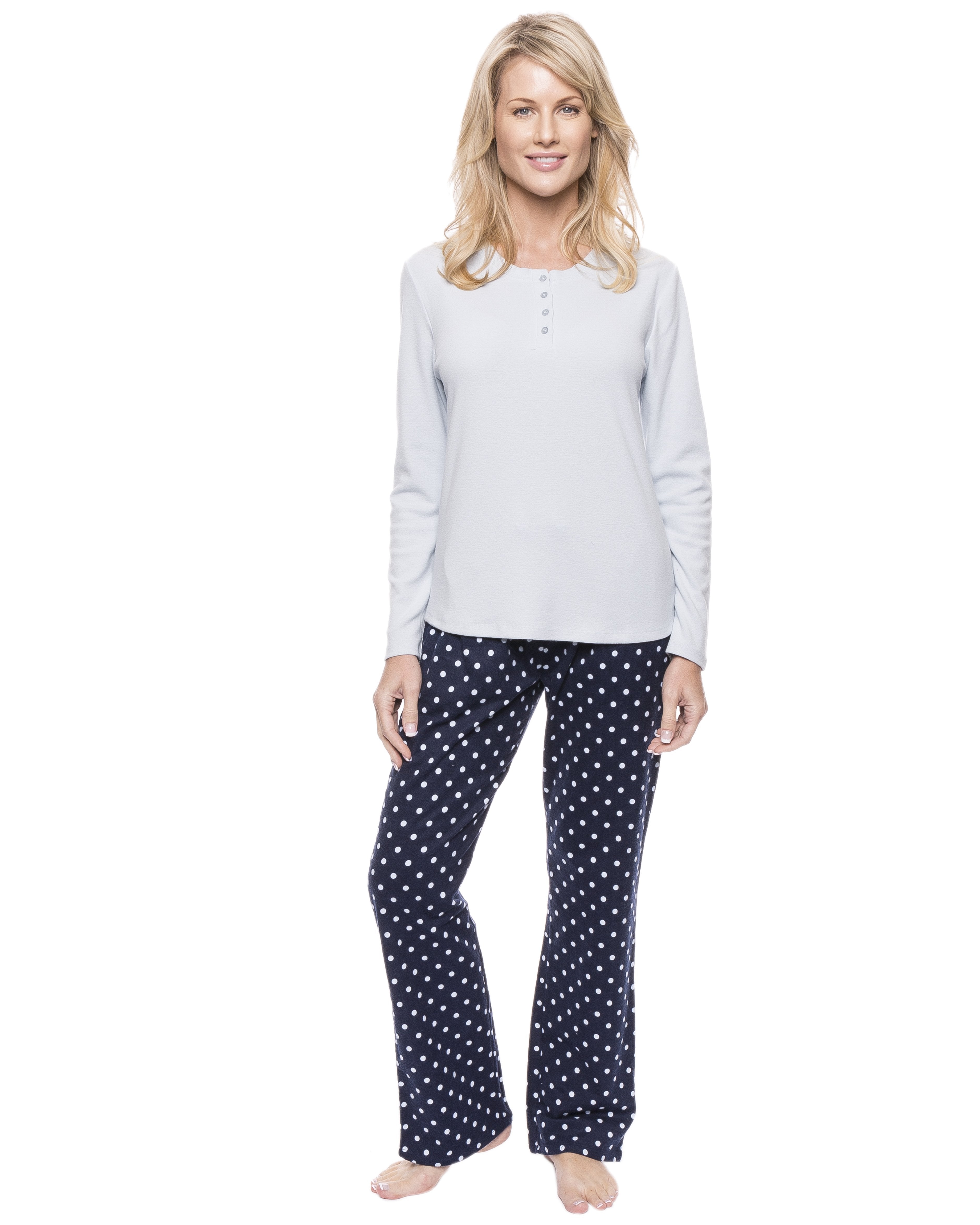 Womens Cotton Flannel Lounge Set with Henley Top - Dots Diva Dark Blue/Light Blue