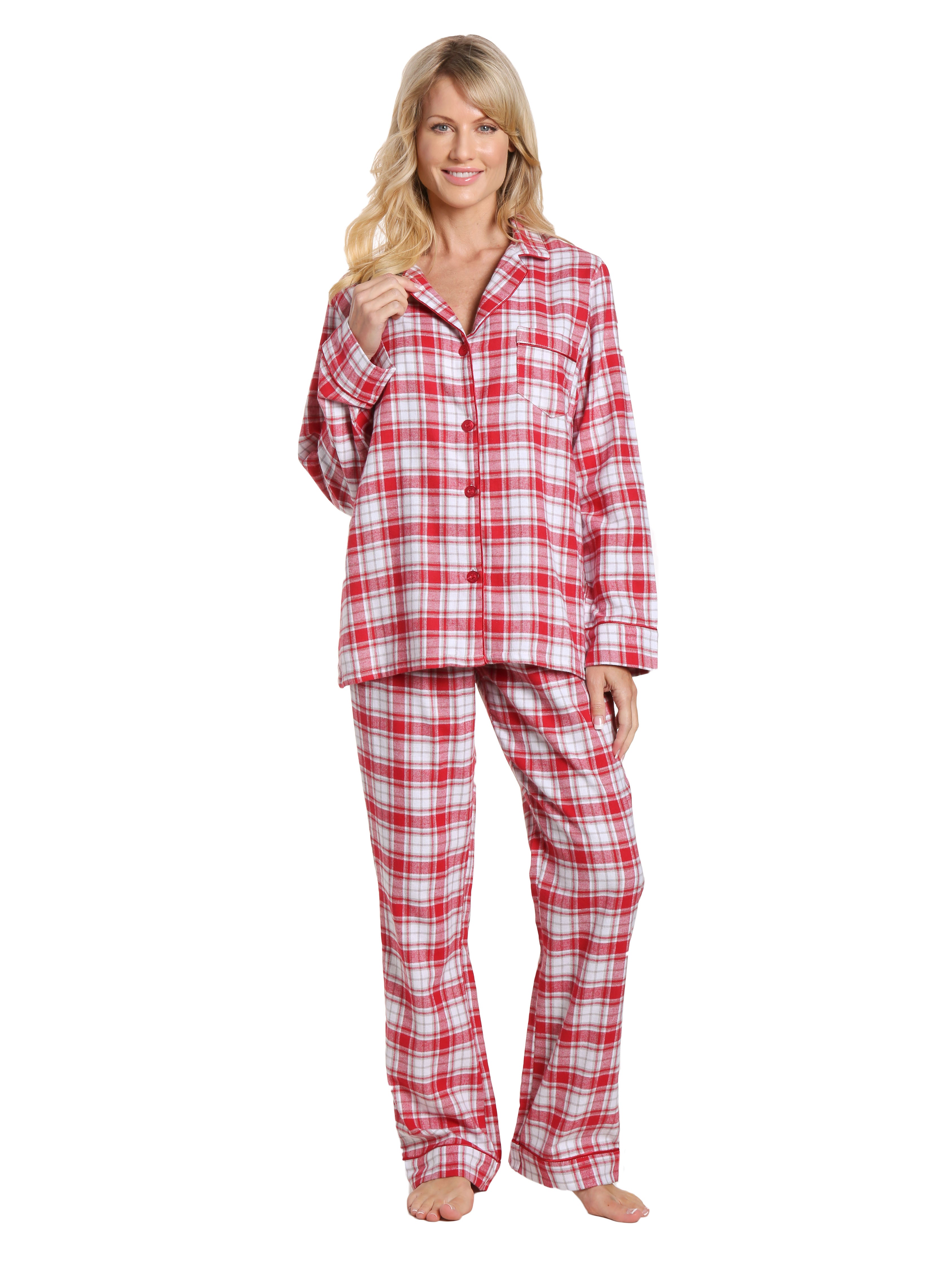 Womens 100% Cotton Lightweight Flannel Pajama Sleepwear Set - Plaid White-Red