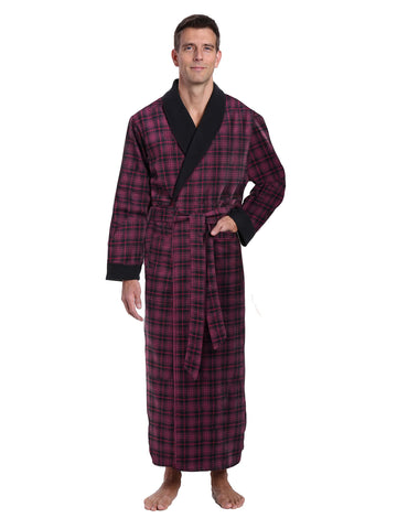 Mens Premium 100% Cotton Flannel Fleece Lined Robe - Black/Burgundy Plaid