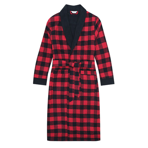 Mens Premium 100% Cotton Flannel Fleece Lined Robe - Buffalo Plaid Red-Black