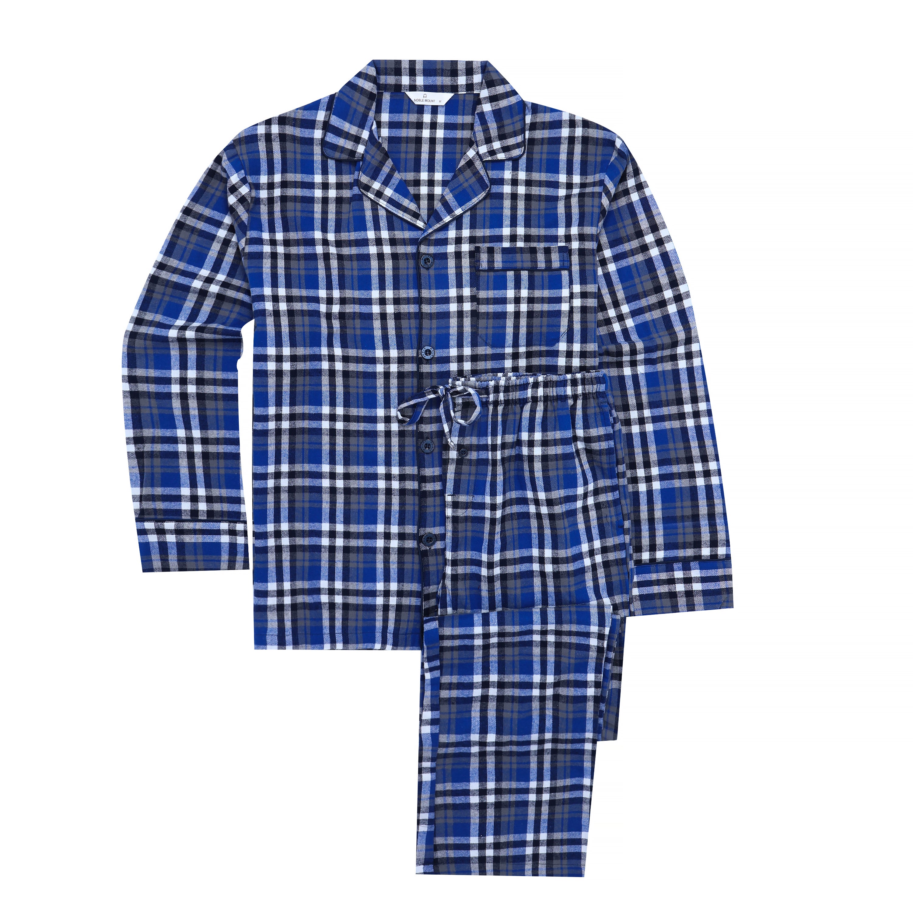 Mens 100% Cotton Flannel Pajama Set with Pant Pockets & Drawstring