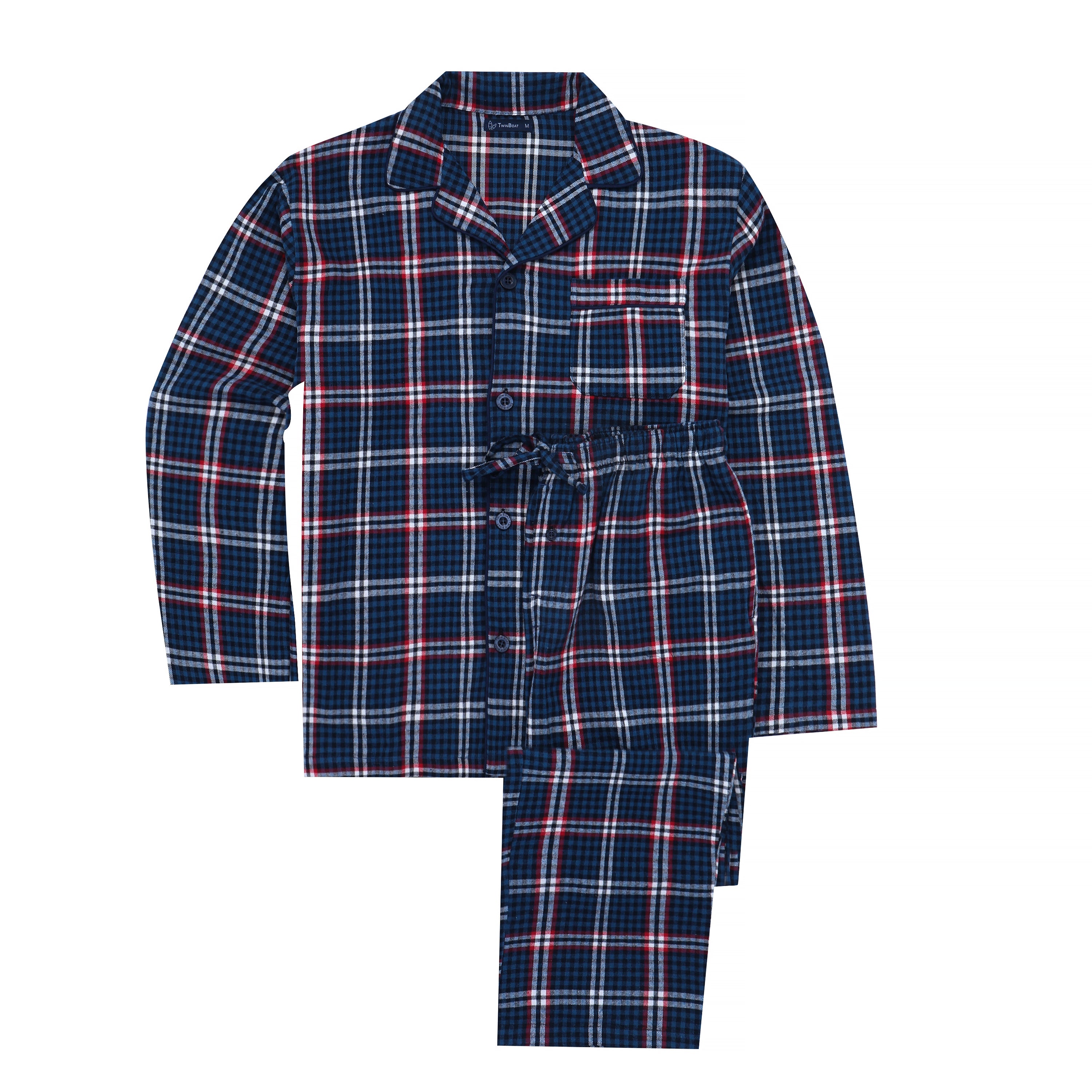 Mens Pajamas Set - 100% Cotton Flannel Pajamas for Men - Gradient Plaid Navy-Blue