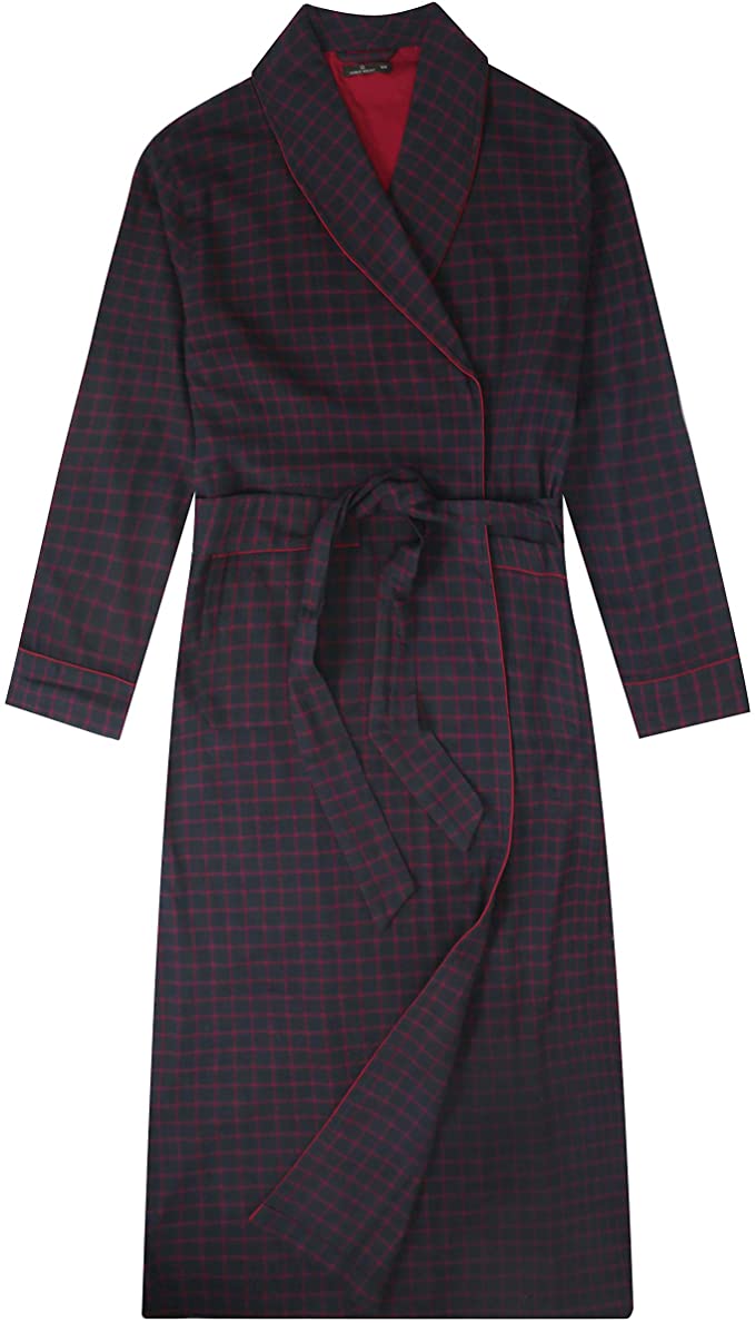 Mens Robe - 100% Cotton Flannel Robe Long - Checks - Black-Fig