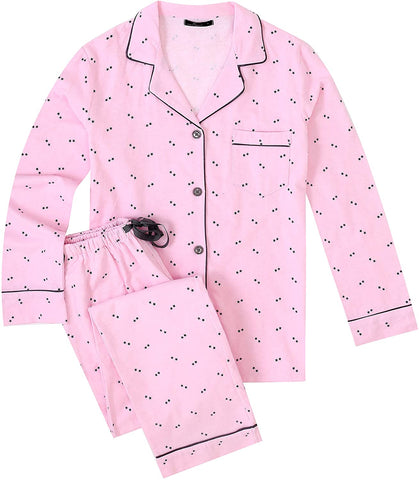 Womens Premium 100% Cotton Flannel Pajama Sleepwear Set - Twinkle Pink-Grey