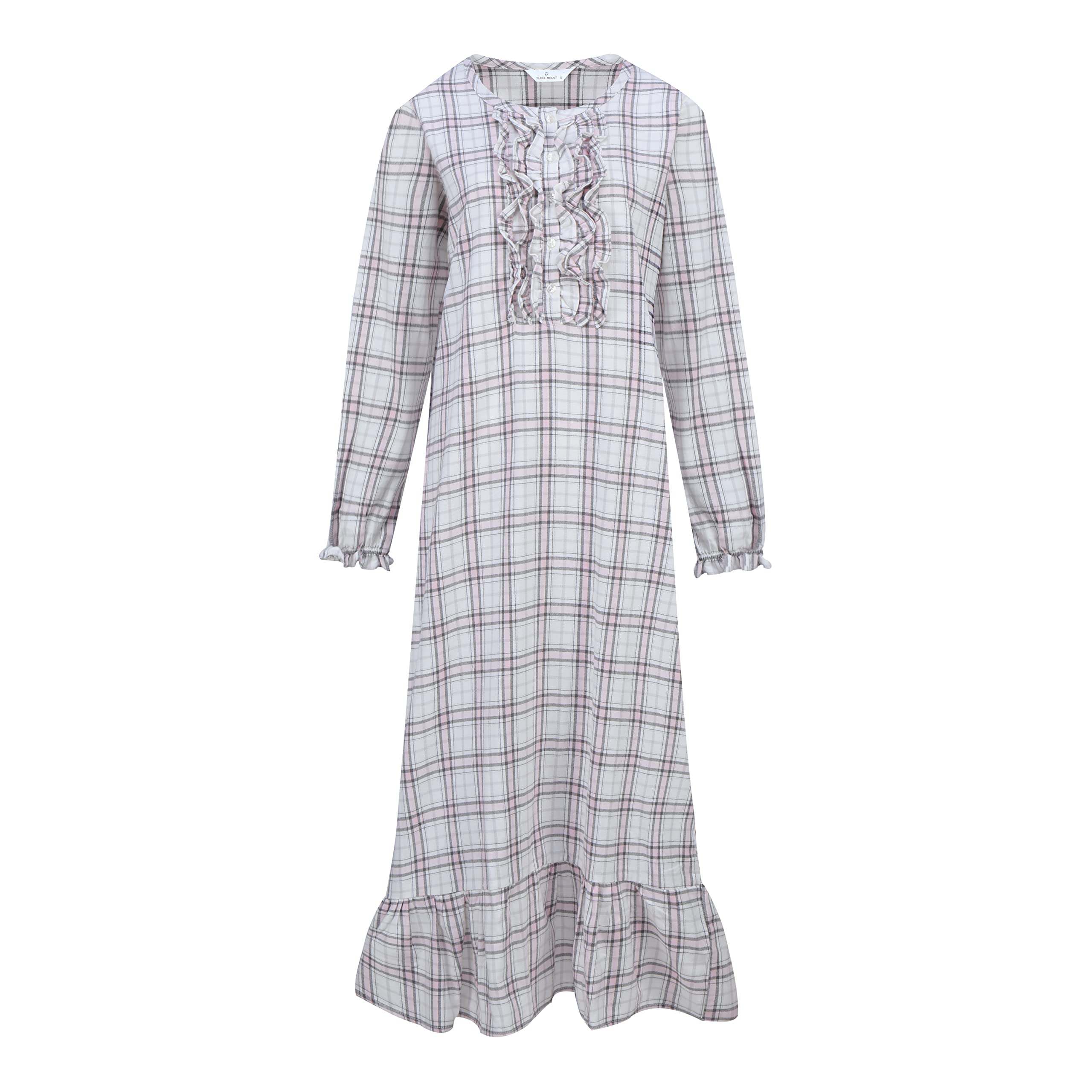 Women's Premium Flannel Long Gown - Plaid Pink White Gray