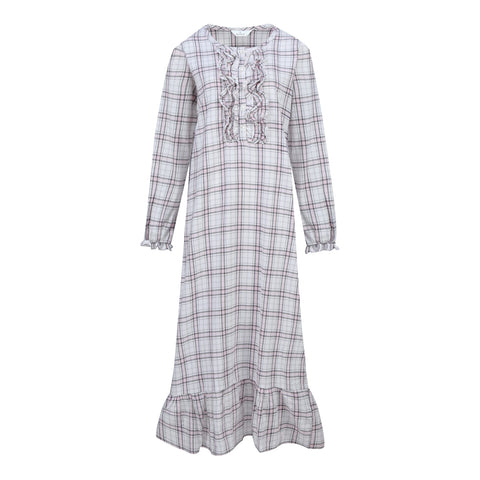 Women's Premium Flannel Long Gown - Plaid Pink White Gray