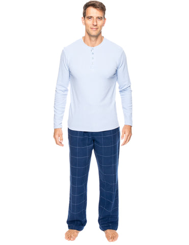 Mens Premium 100% Cotton Flannel Lounge Set - Windowpane Checks Dark Blue