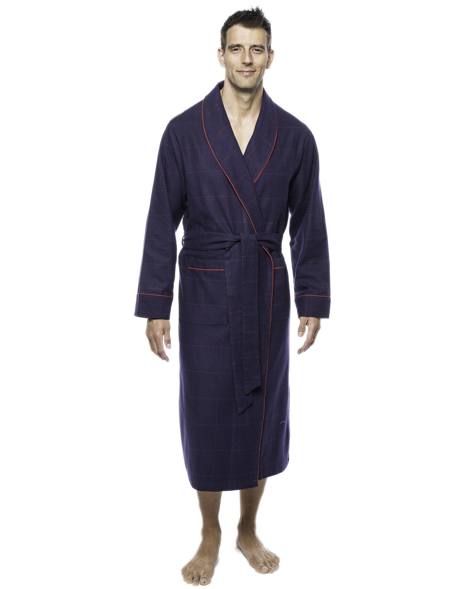 Mens Premium 100% Cotton Flannel Robe - Windowpane Checks Blue/Red