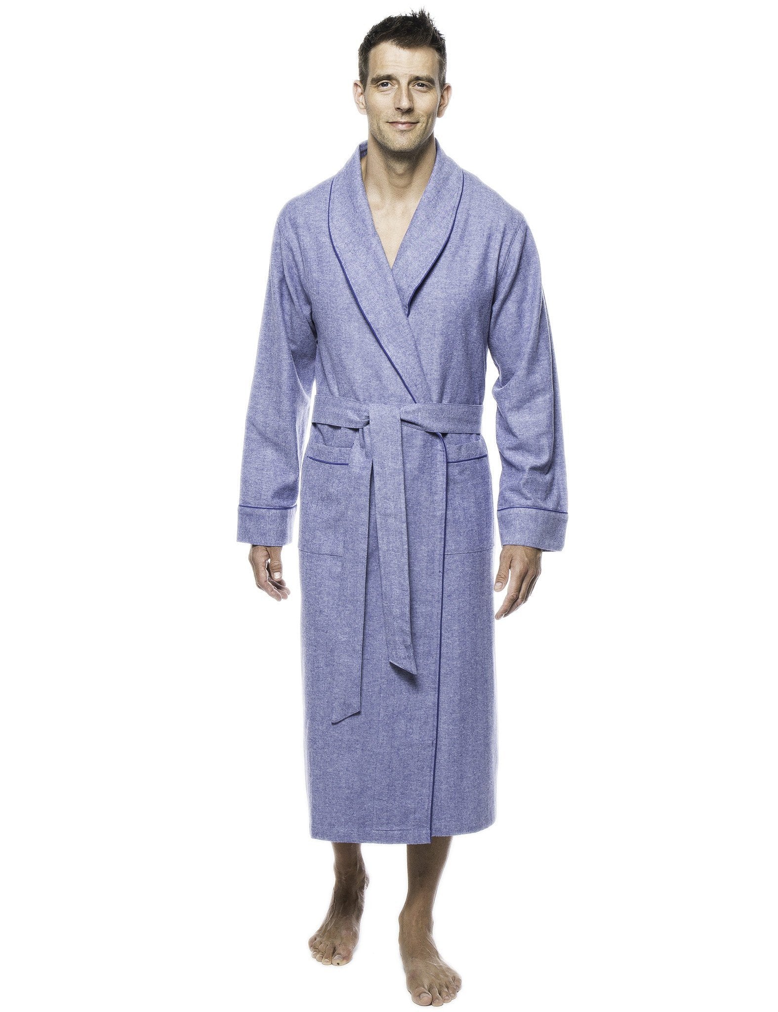 Mens Premium 100% Cotton Flannel Robe - Herringbone Blue