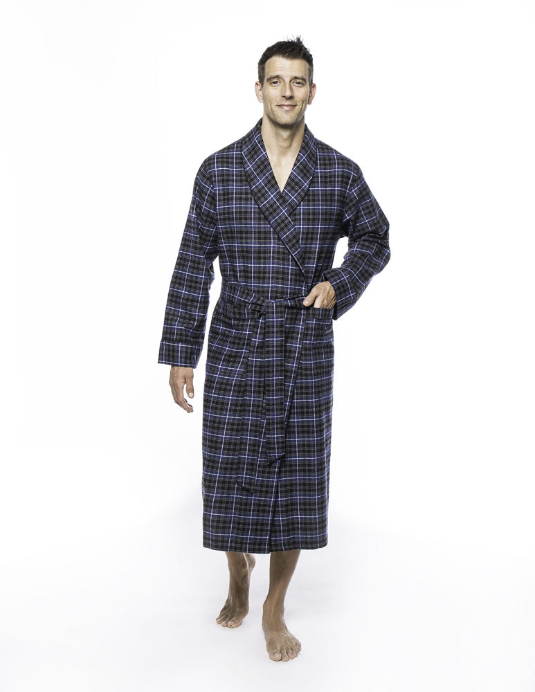 Men's Premium Flannel Robe - Plaid Navy/Black