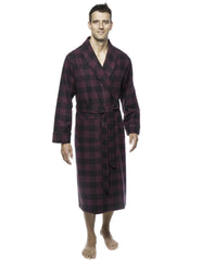 Mens Premium 100% Cotton Flannel Robe - Gingham Fig/Black
