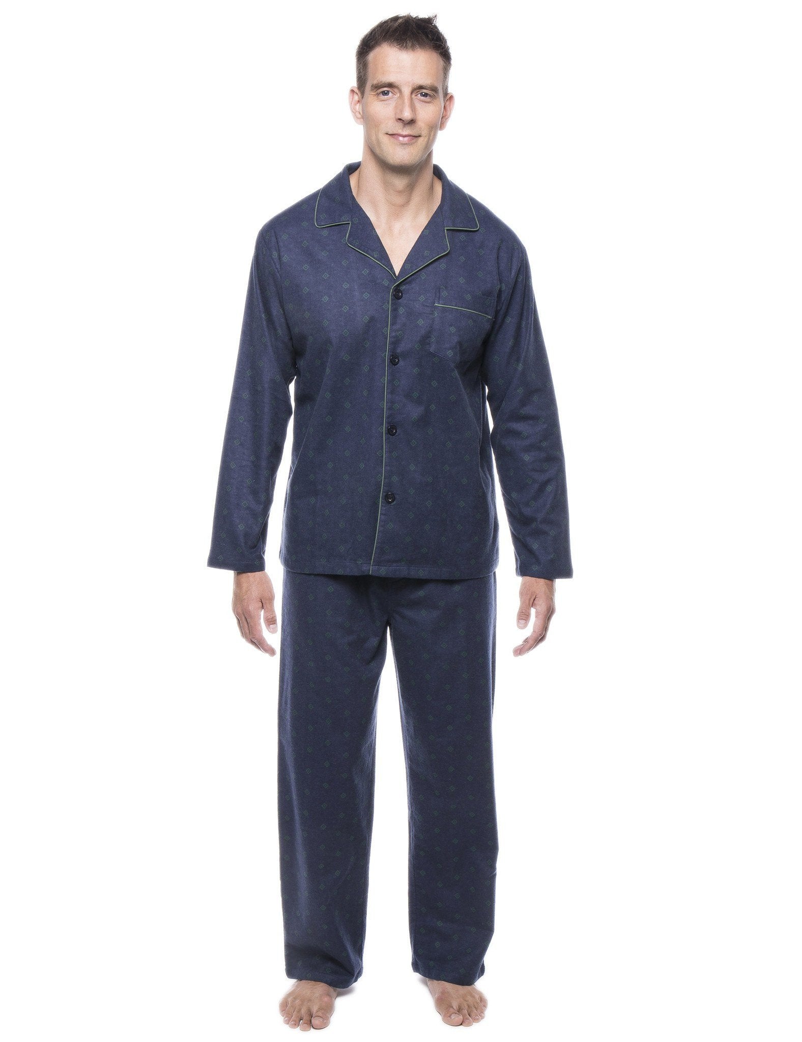 Men's 100% Cotton Flannel Pajama Set - Double Diamond Navy/Green