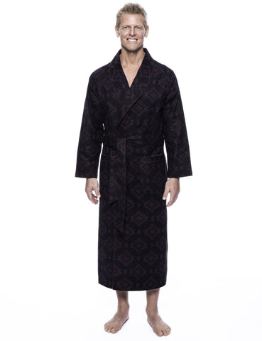 Men's 100% Cotton Flannel Long Robe - Aztec Black/Fig