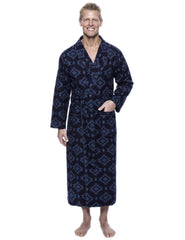 Men's 100% Cotton Flannel Long Robe - Aztec Navy/Teal