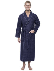Men's 100% Cotton Flannel Long Robe - Floating Squares Dark Blue