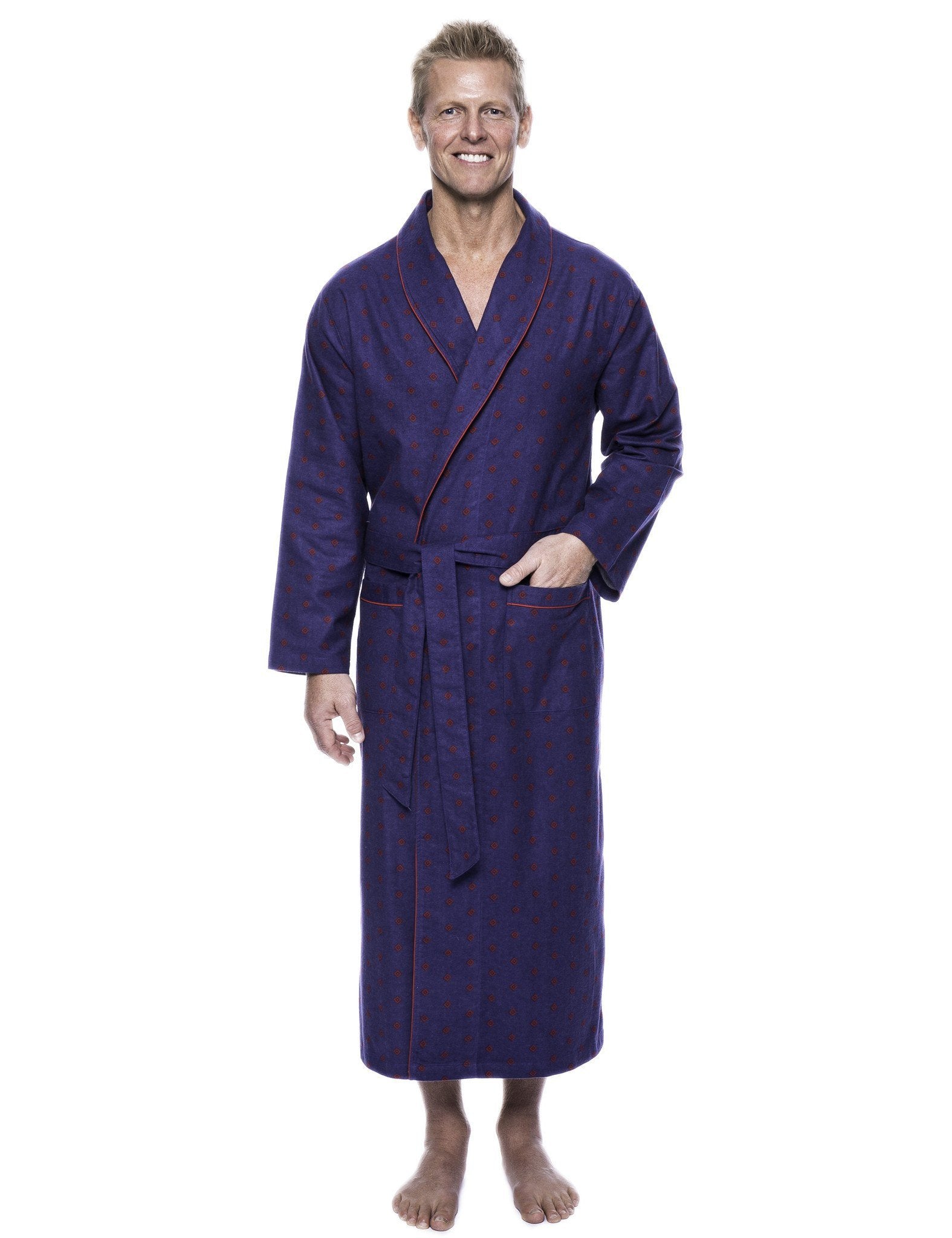 Men's 100% Cotton Flannel Long Robe - Double Diamond Navy/Red