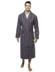 Mens Premium 100% Cotton Flannel Robe - Stripes Black/Grey