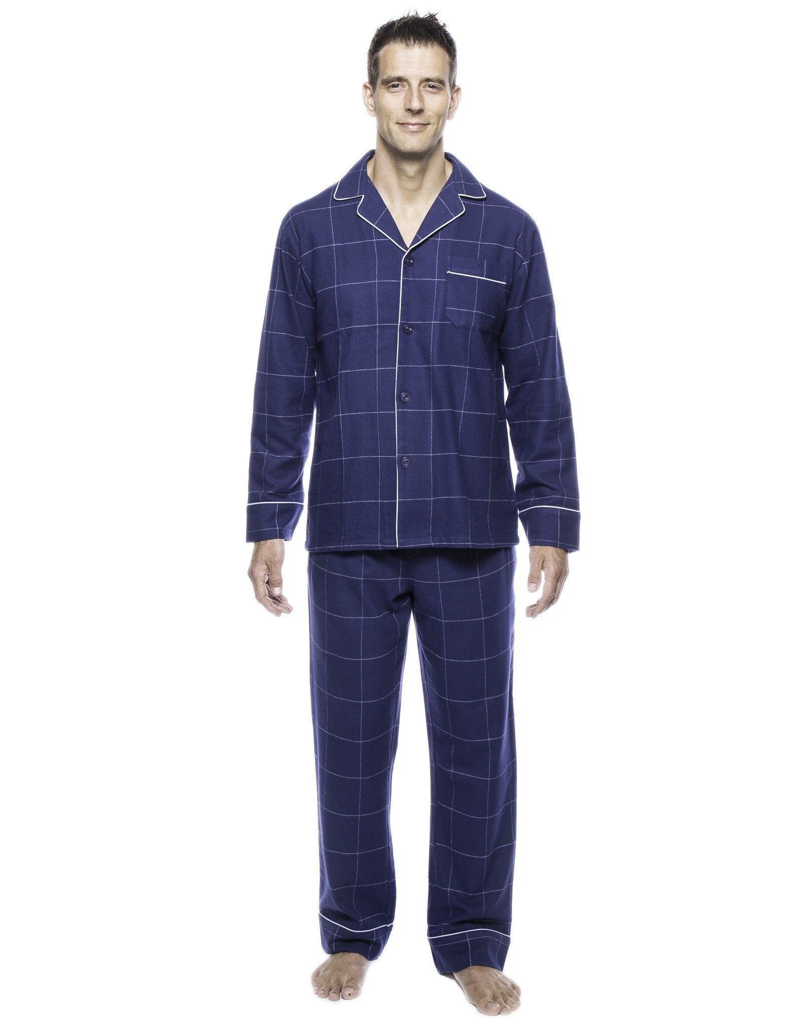 Men's Premium 100% Cotton Flannel Pajama Sleepwear Set - Windowpane Checks Dark Blue