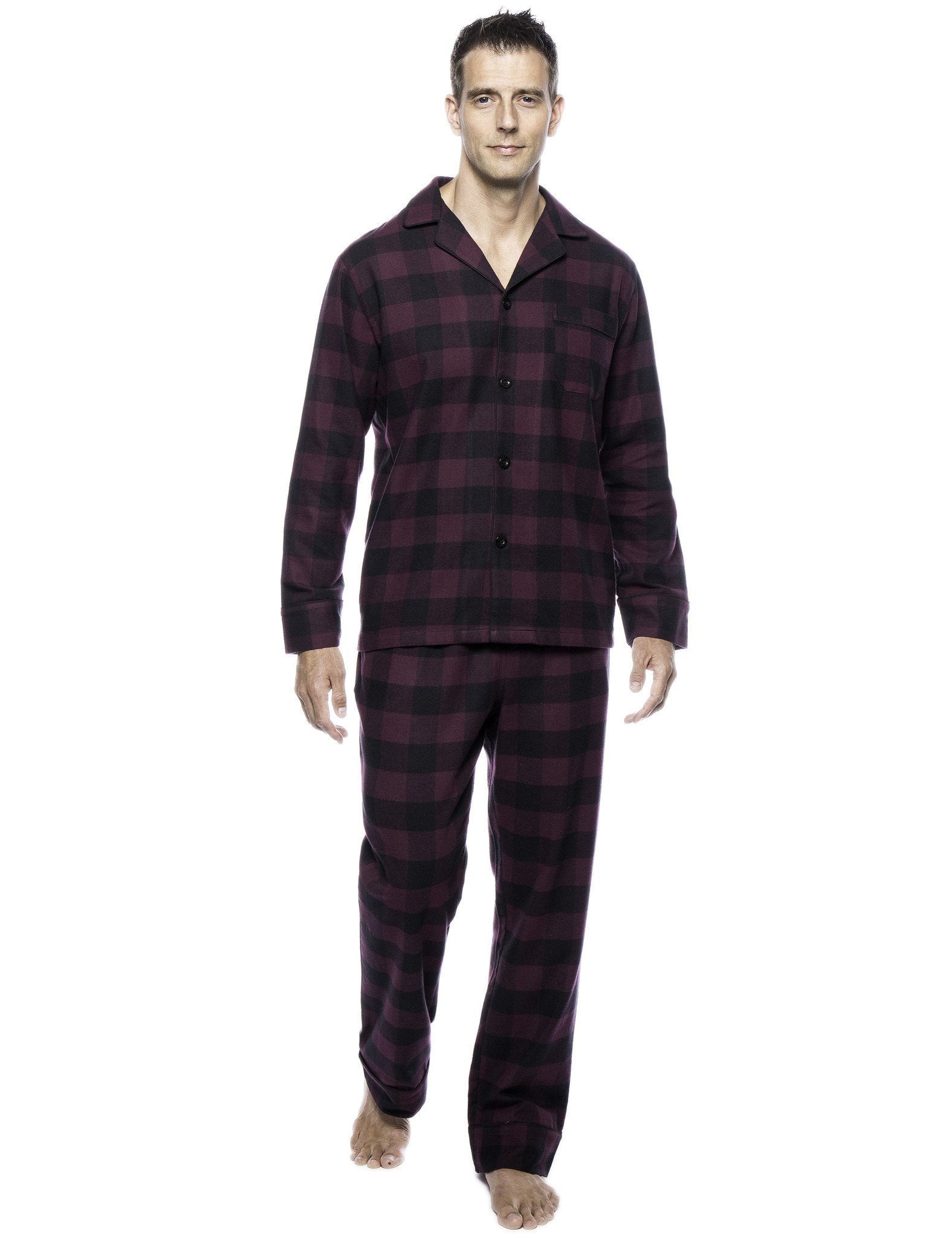 Box Packaged Men's Premium 100% Cotton Flannel Pajama Sleepwear Set - Gingham Fig/Black