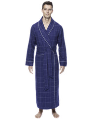 Box Packaged Men's Premium 100% Cotton Flannel Long Robe - Windowpane Checks Dark Blue