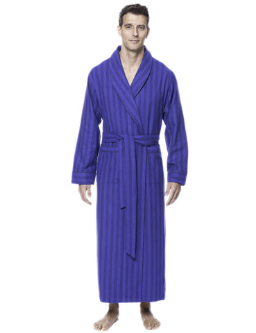 Mens Robe - 100% Cotton Flannel Robe - Stripes Tonal Blue