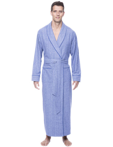 Mens Robe - 100% Cotton Flannel Robe - Herringbone Blue