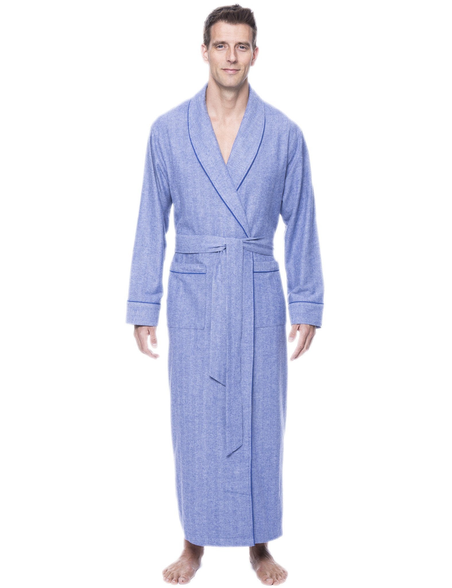 Box Packaged Men's Premium 100% Cotton Flannel Long Robe - Herringbone Blue