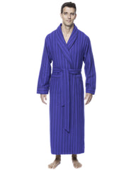 Box Packaged Men's Premium 100% Cotton Flannel Long Robe - Stripes Tonal Blue