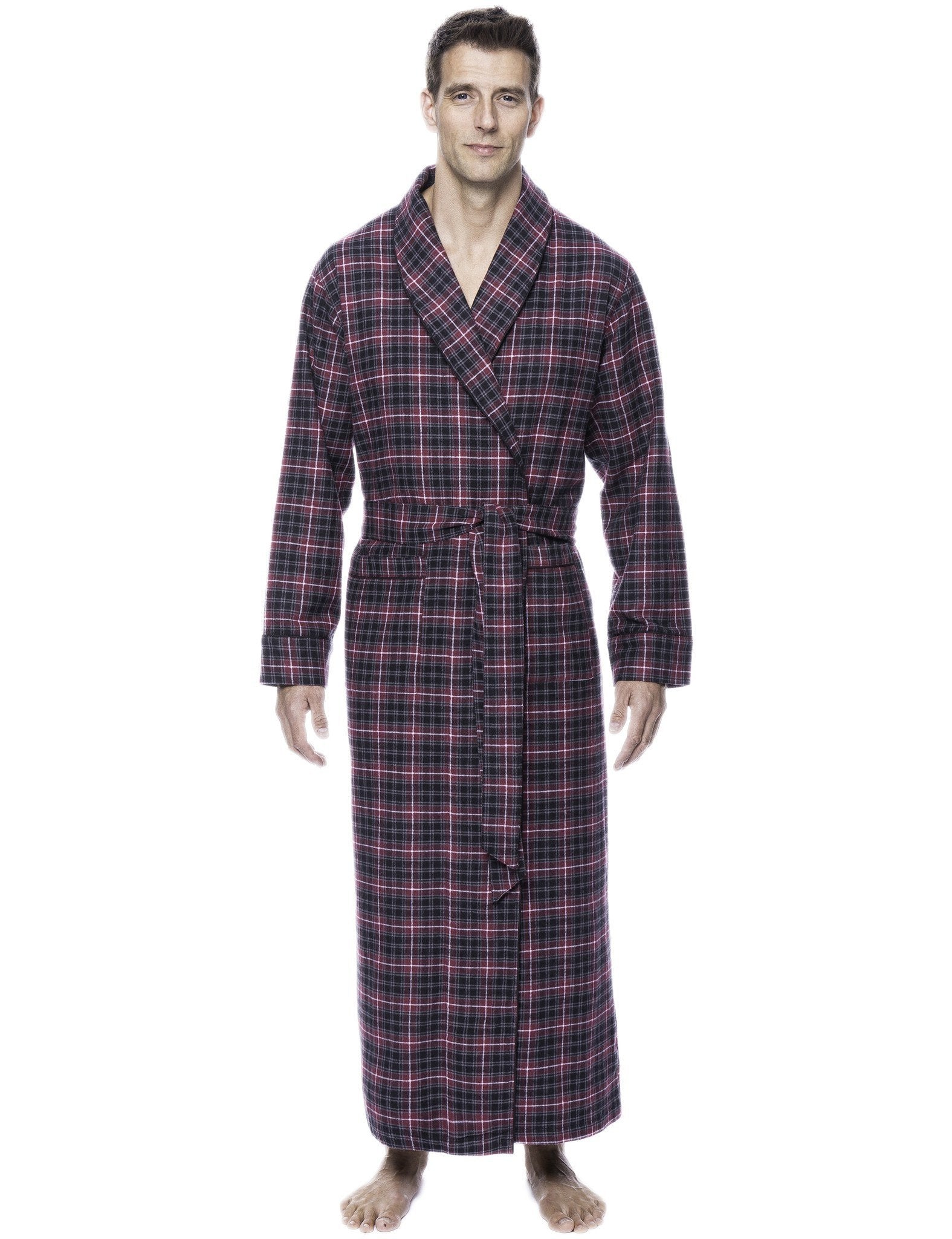Box Packaged Men's Premium 100% Cotton Flannel Long Robe - Burgundy/Grey