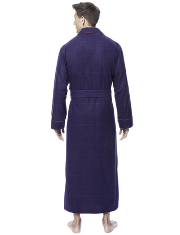 Mens Robe - 100% Cotton Flannel Robe - Windowpane Checks Blue/Red