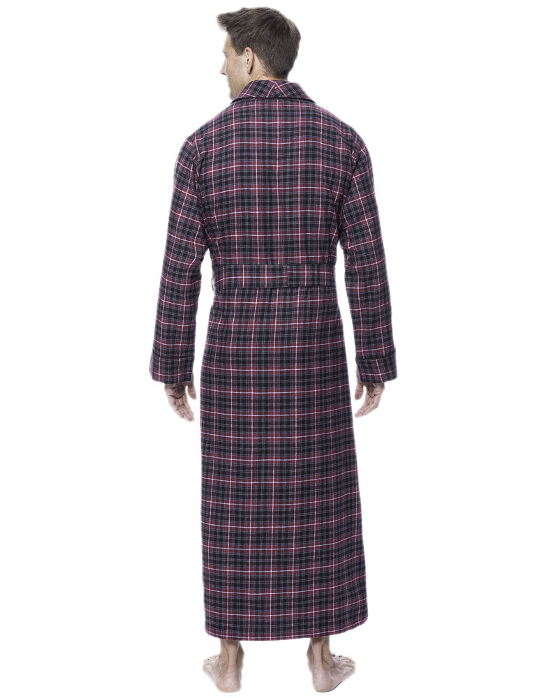 Mens Robe - 100% Cotton Flannel Robe - Plaid Burgundy/Gray