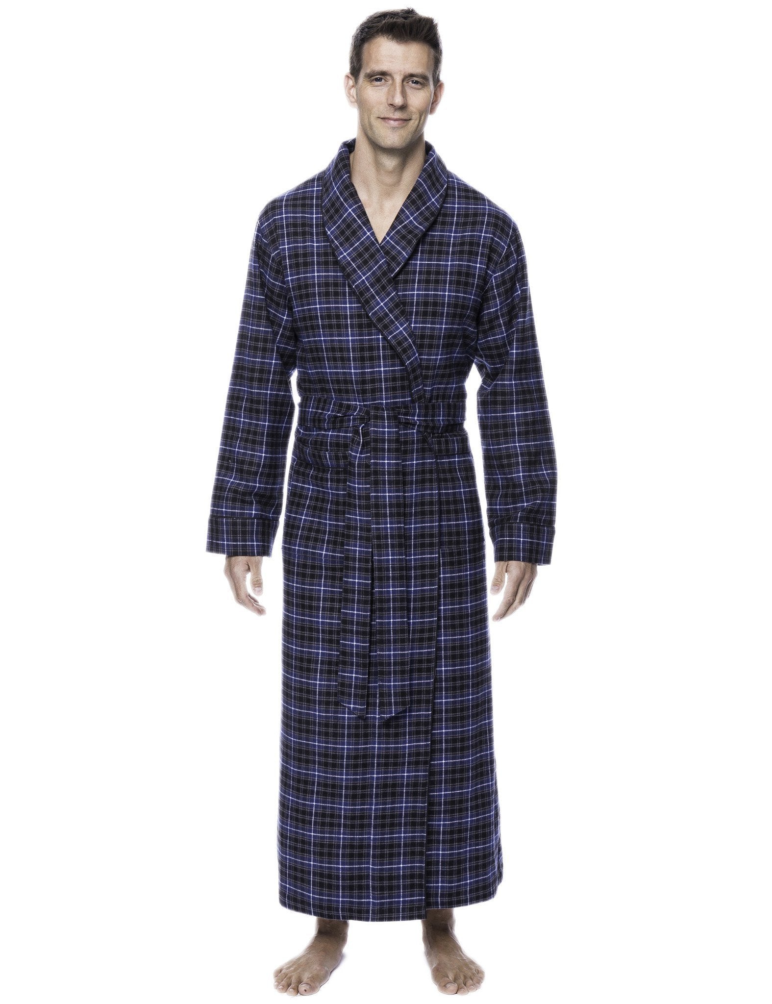 Box Packaged Men's Premium 100% Cotton Flannel Long Robe - Plaid Navy/Black