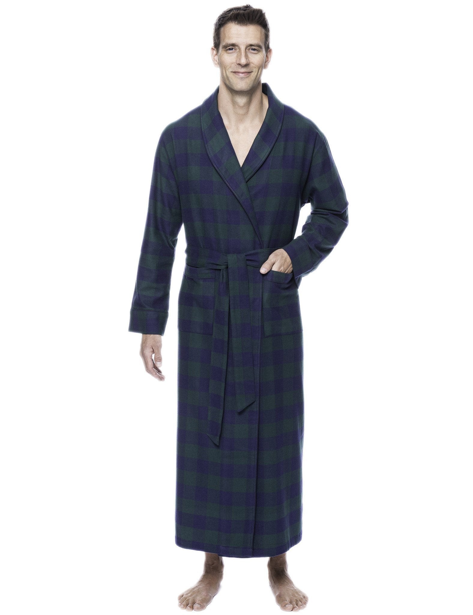 Box Packaged Men's Premium 100% Cotton Flannel Long Robe - Gingham Green/Navy